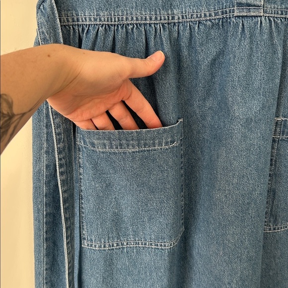 Vintage Sears Chambray Denim Prairie Short Sleeve Floral Embroidered Midi Dress - Picture 6 of 11